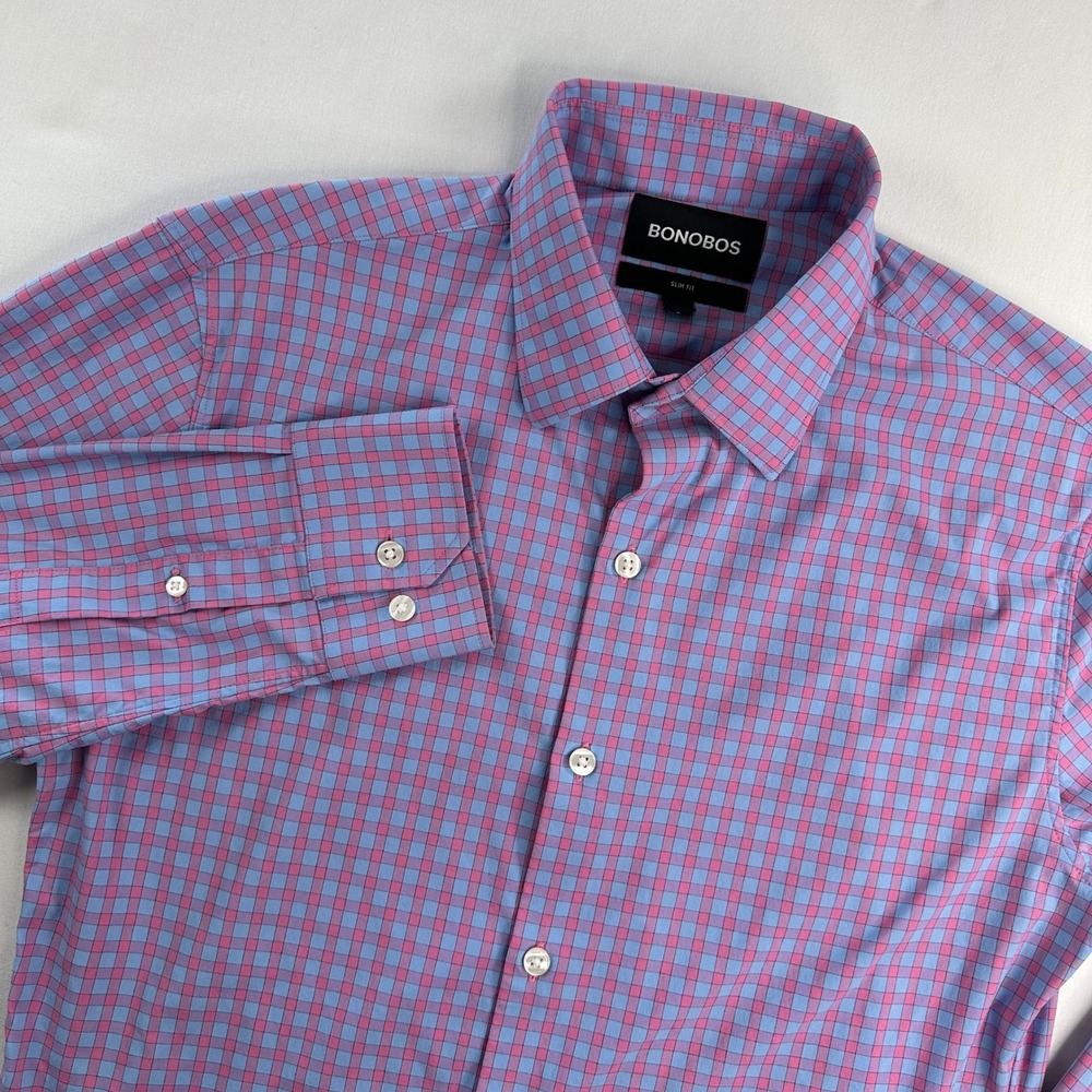 Bonobos Shirt Men's Small Pink Purple Plaid Button Down Long Sleeve Slim Fit